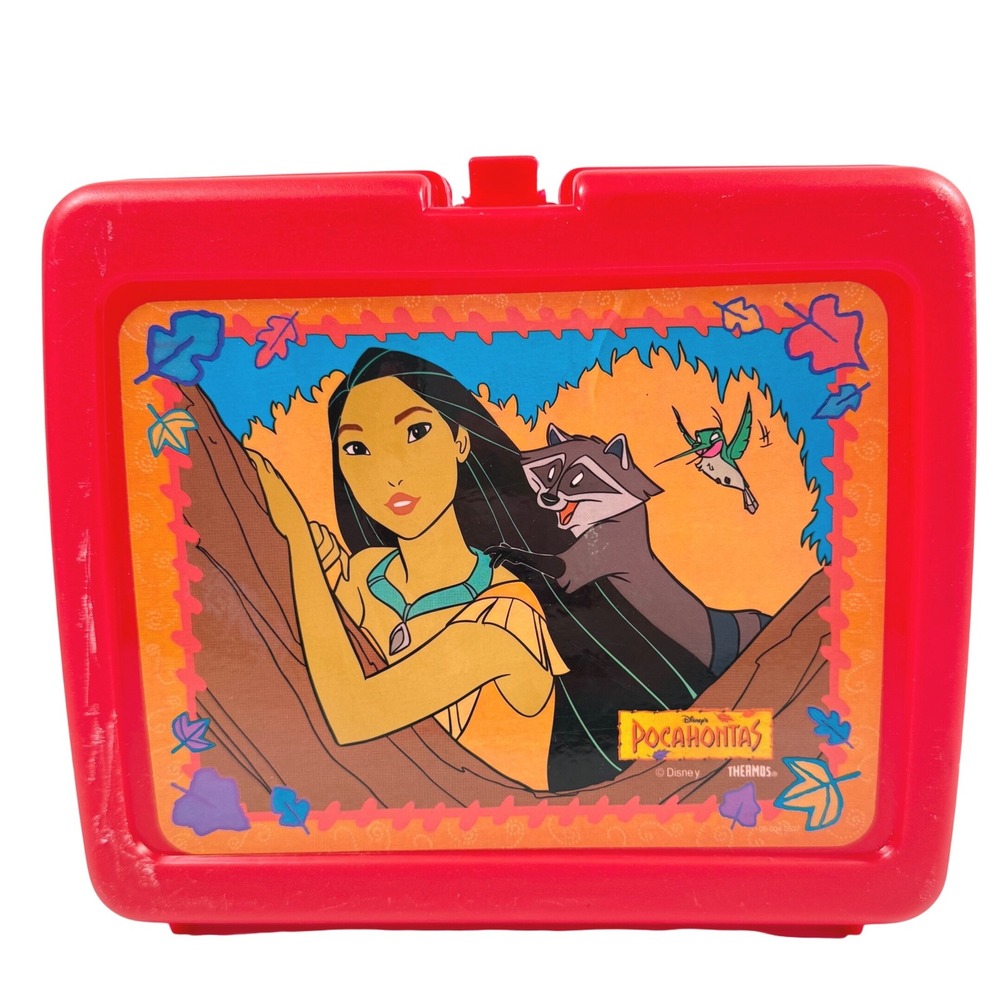 POCAHONTAS Vintage 1990s Disney Red Plastic Lunch Box Thermos Meeko Flit 90s Kid